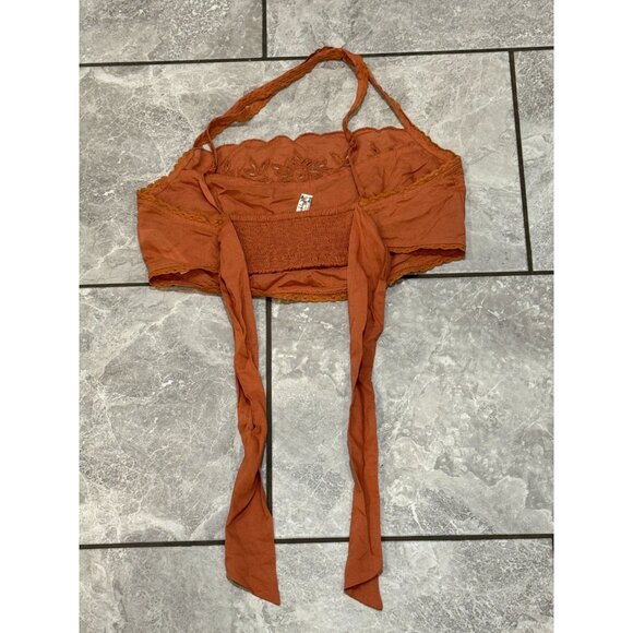 Free People‎ Movement Cassandra Embroidered Eyelet halter Crop Top Peach Sz M h2 - Picture 5 of 6